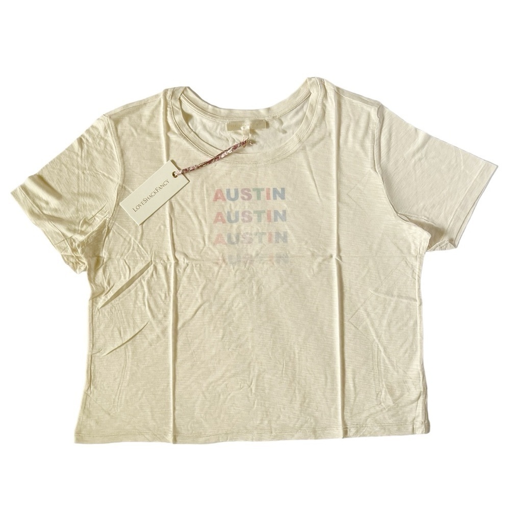 LoveShackFancy relaxed fit Calix tee in cream featuring multicolor Austin print